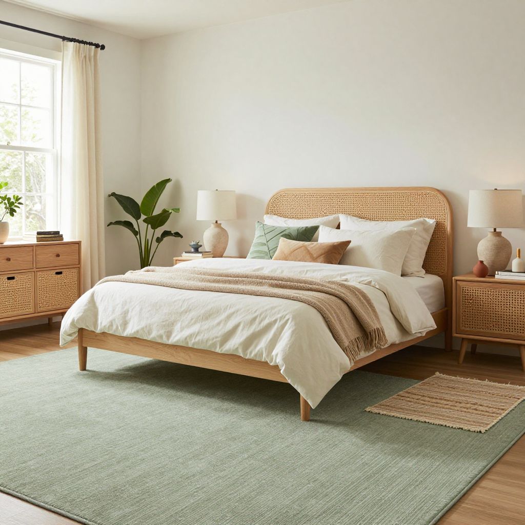 Soft sage carpet for a restful nature inspired bedroom