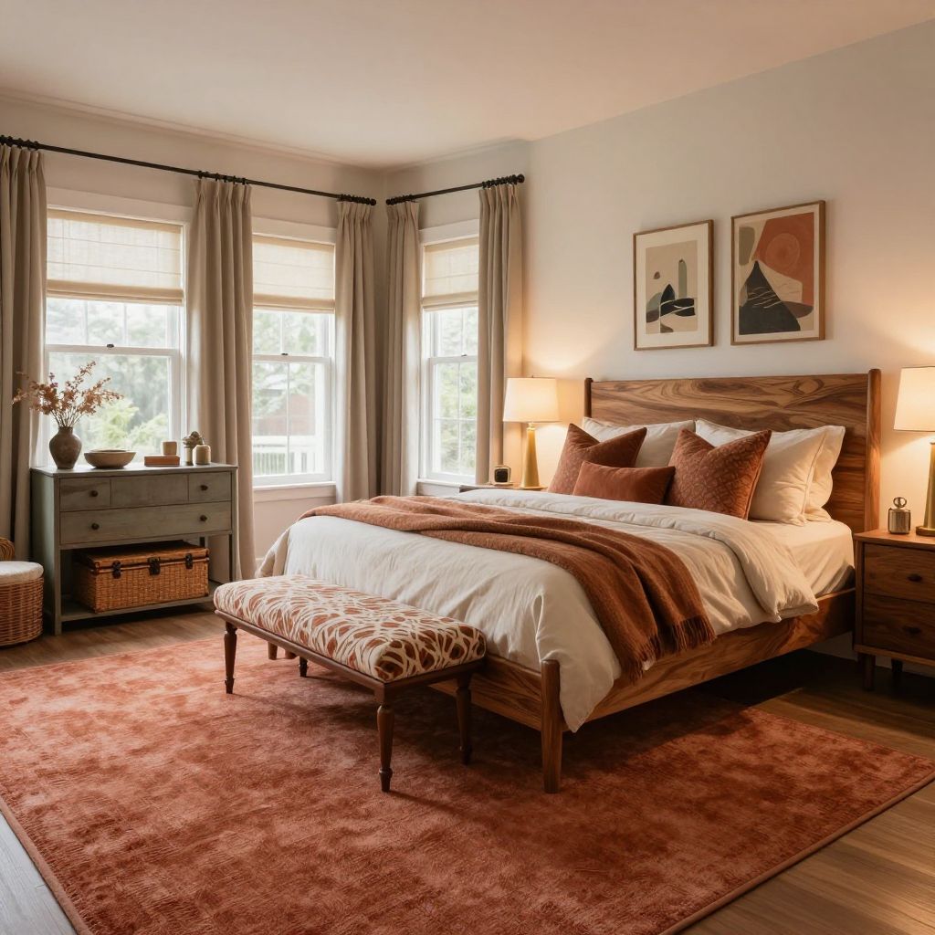 Muted terracotta carpet for a warm eclectic room