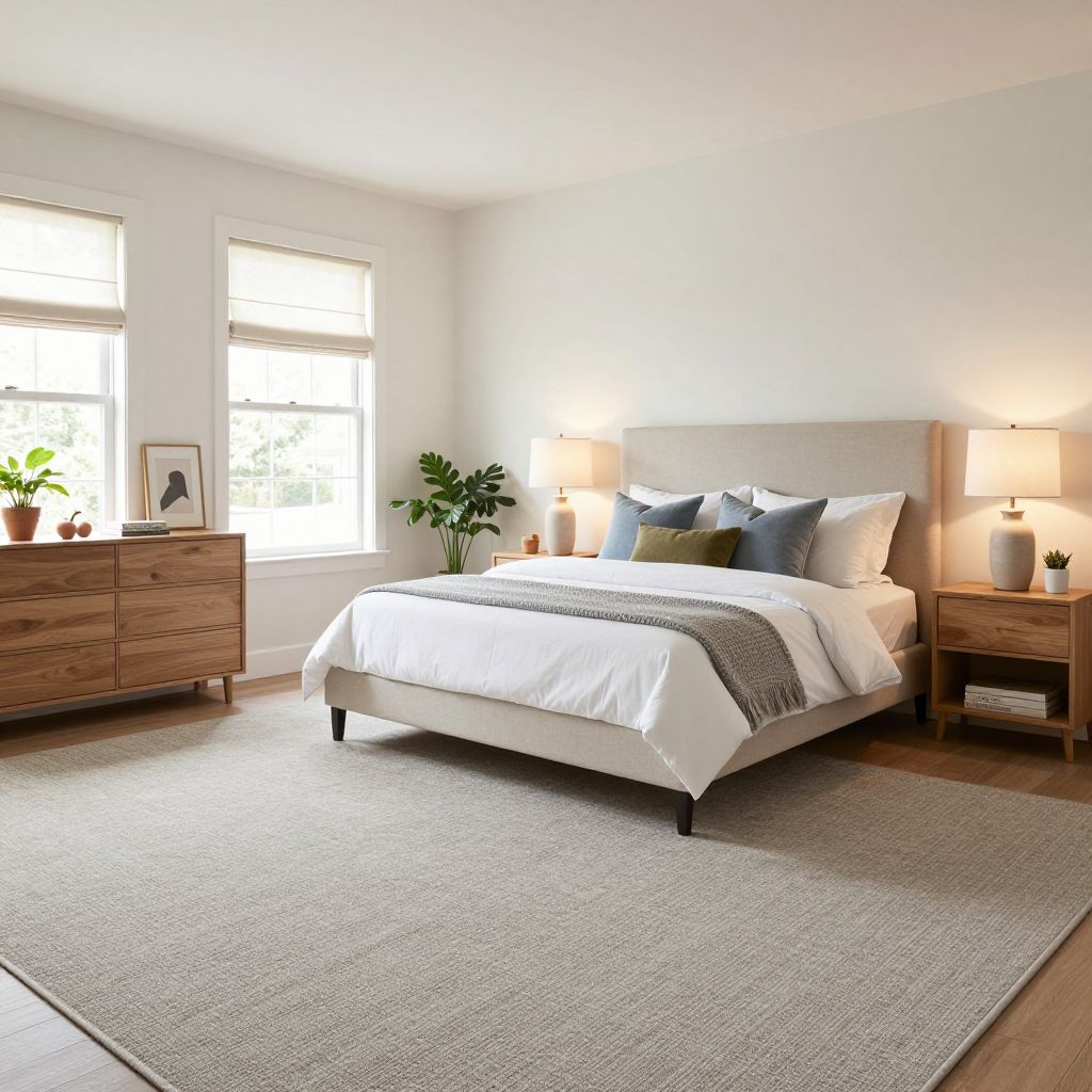 Greige carpet for a flexible transitional bedroom