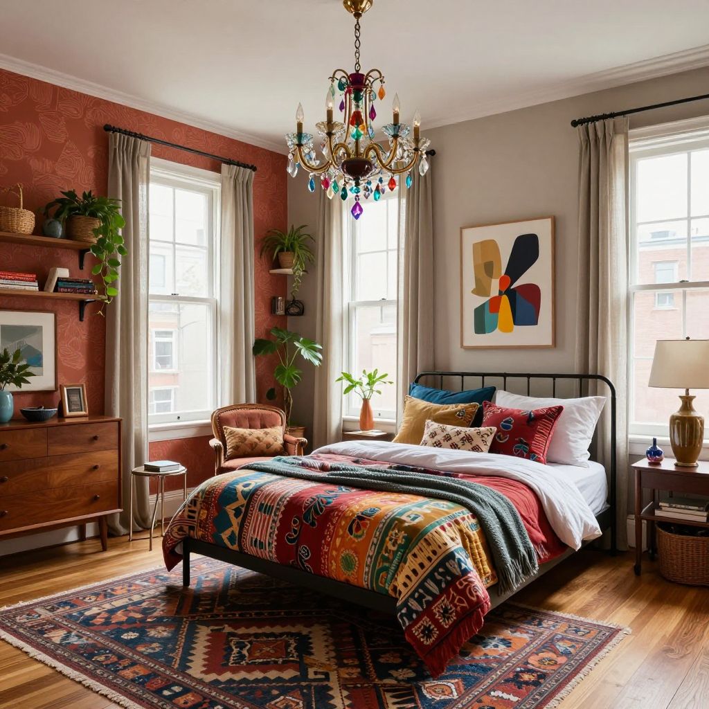 Eclectic Mix and Match bedroom chandelier idea