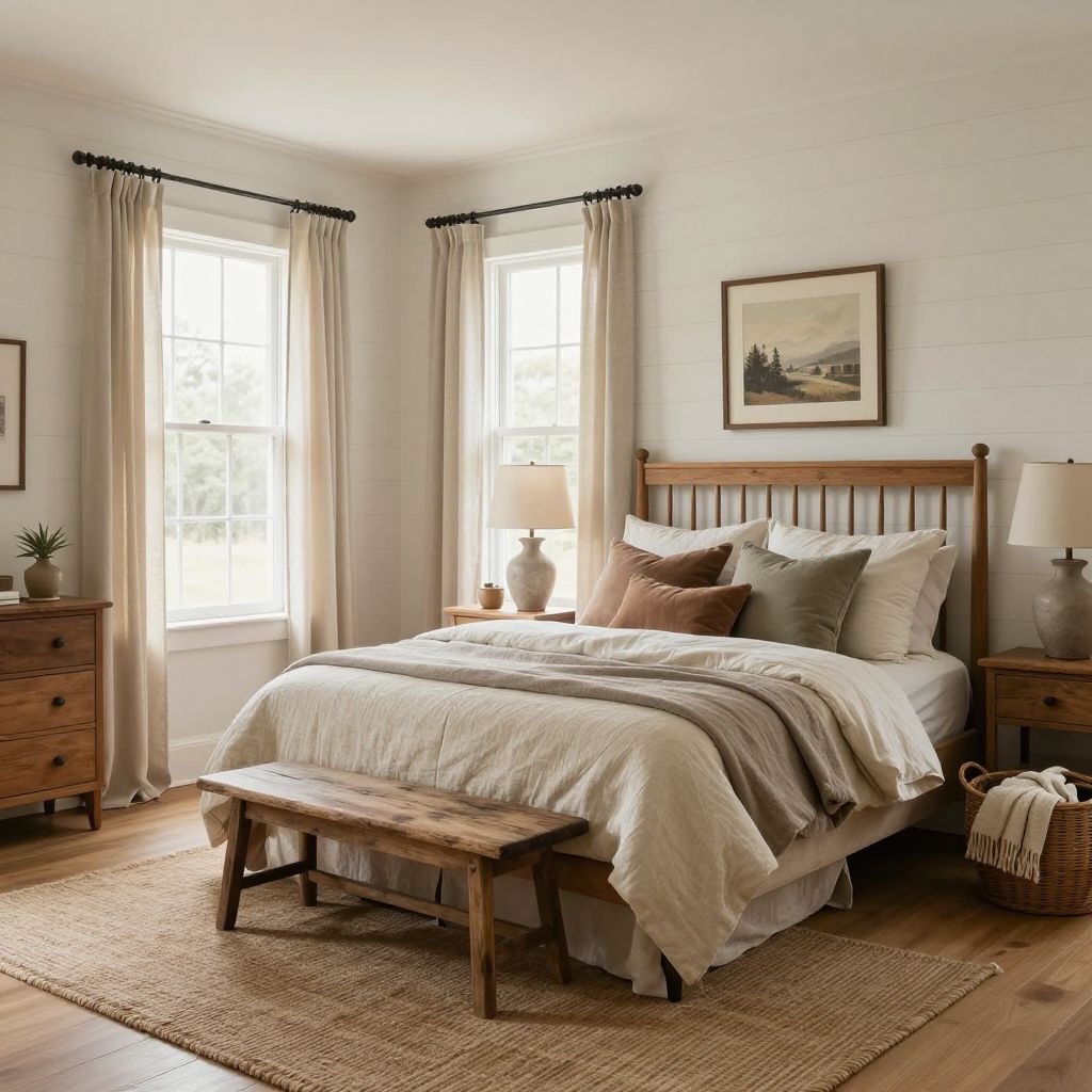 Neutral linen bedroom curtains