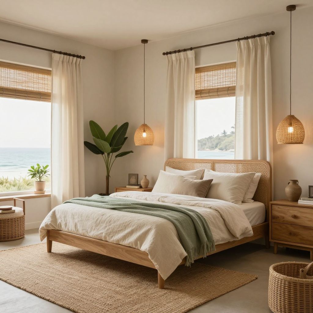 Natural woven shades with bedroom curtain panels