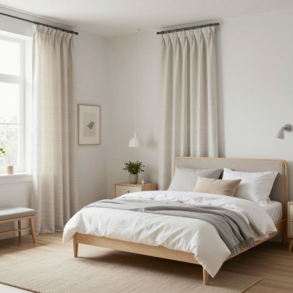 Neutral striped curtains for a Scandinavian bedroom