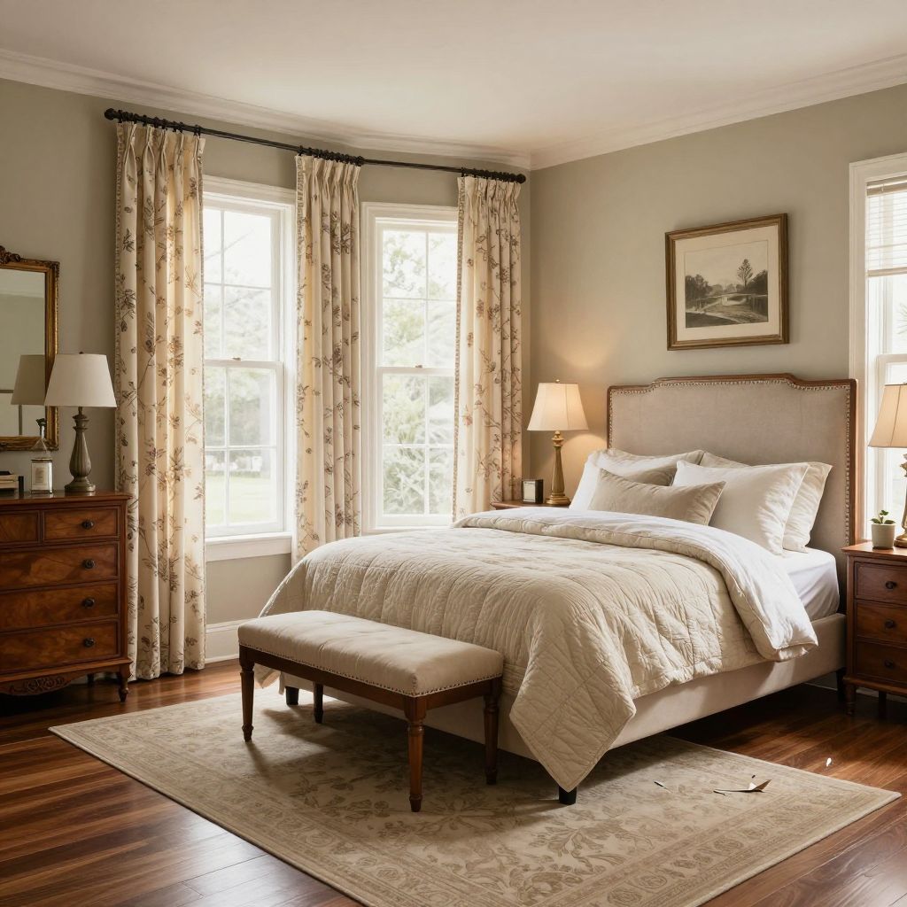 Floor grazing curtains for a classic traditional bedroom