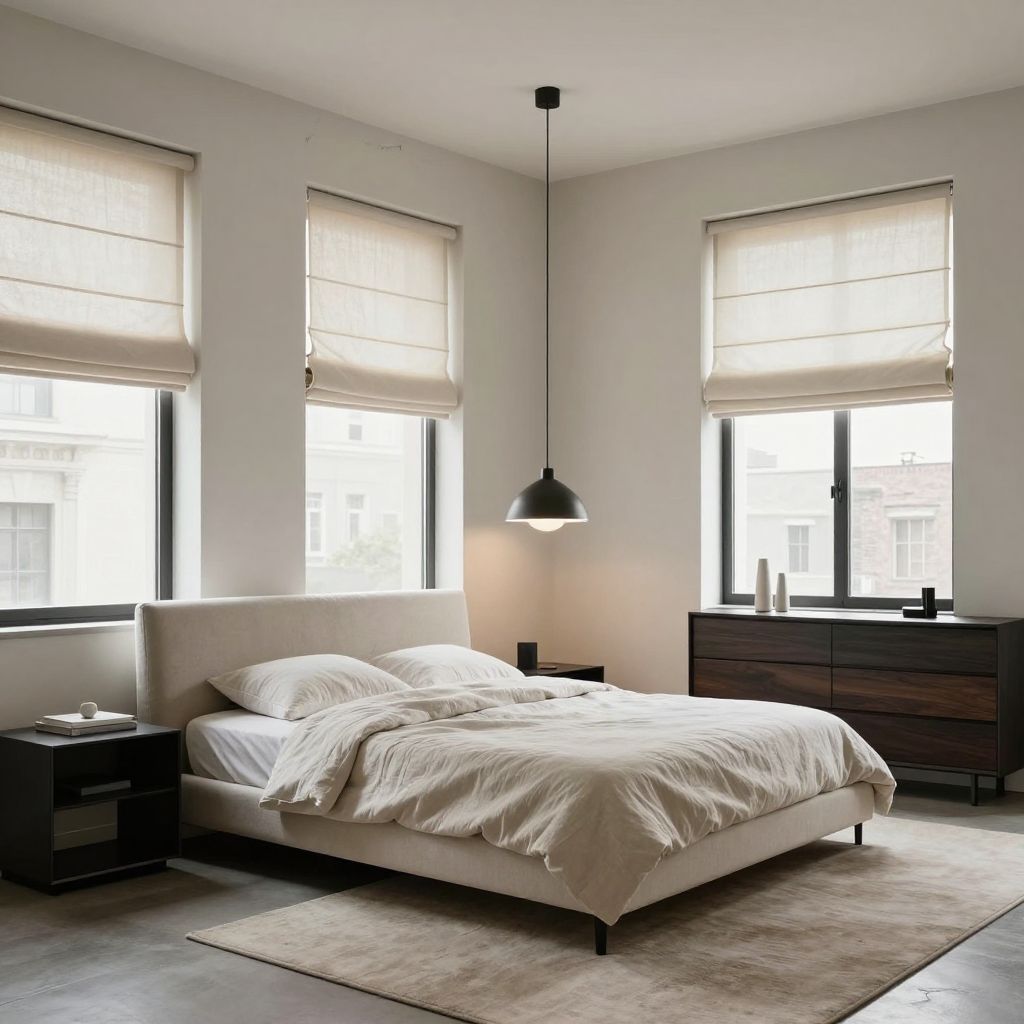 Statement pendant lighting over a modern bed