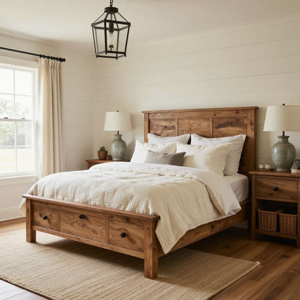 Warm layered lighting for a rustic farmhouse bedroom