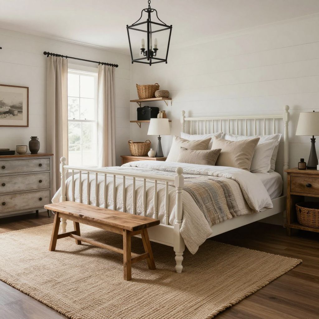 Natural fiber rug in a farmhouse bedroom