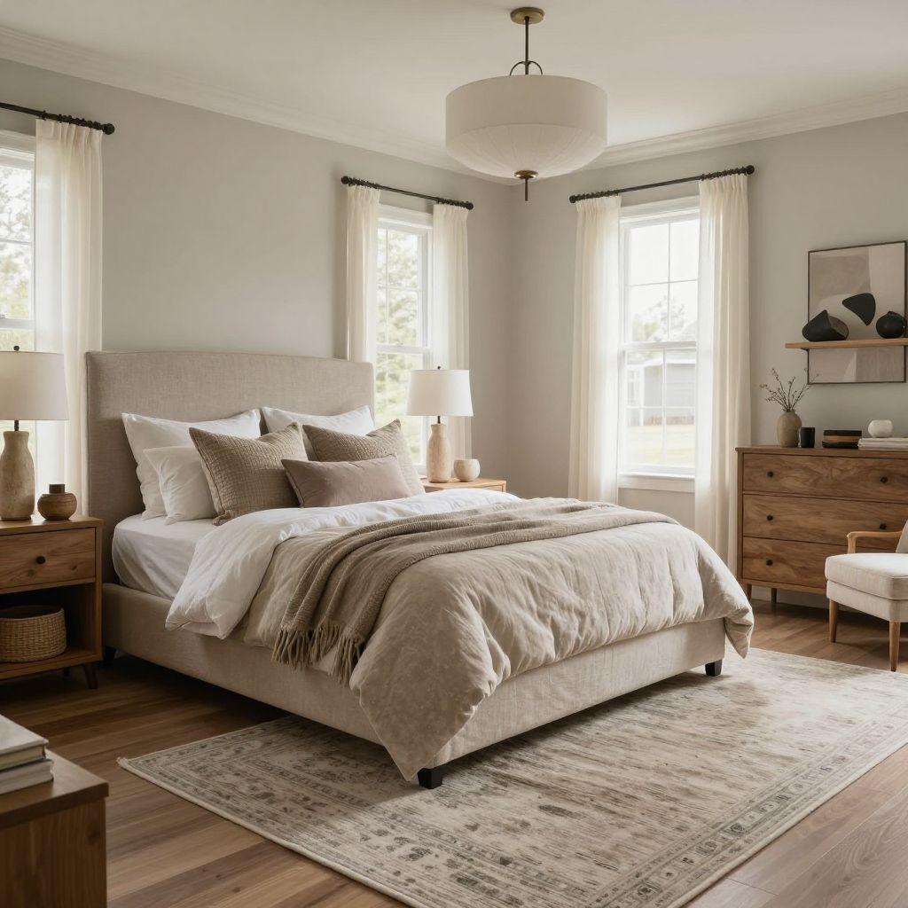 Mixed texture rug for a collected bedroom