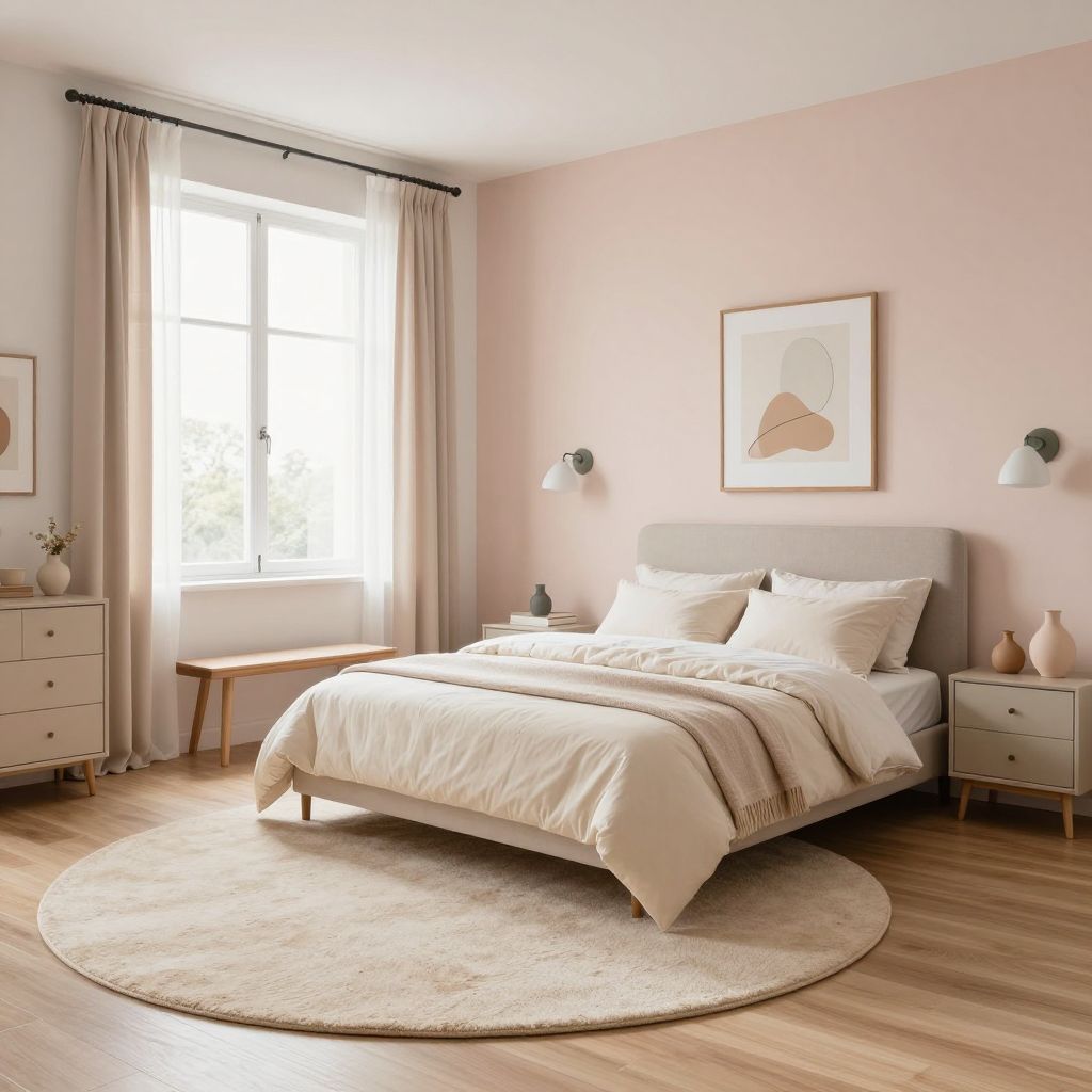Rounded rug at the foot of the bed
