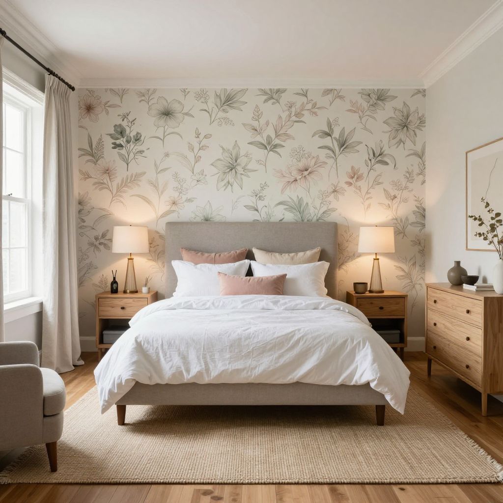 Soft Floral Wallpaper Behind the Bed