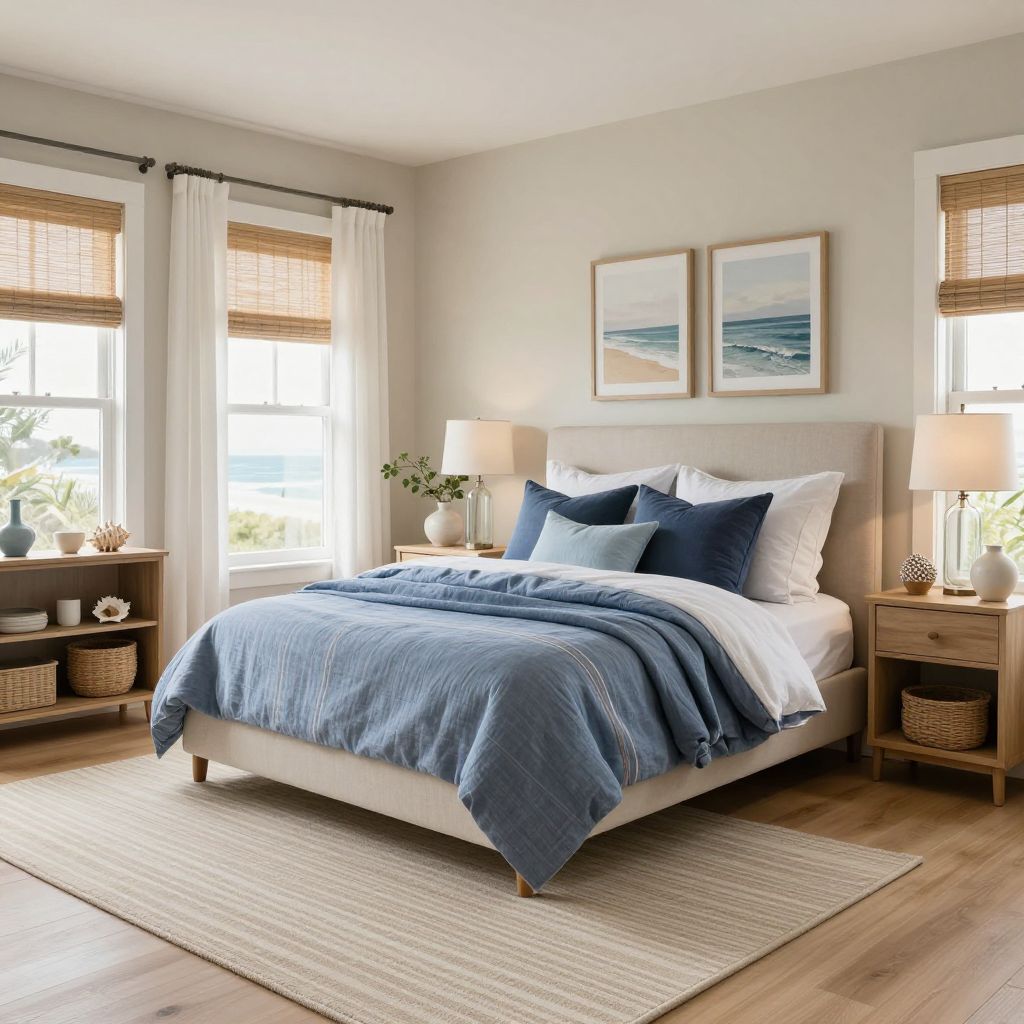 Beige and blue breezy coastal bedroom idea