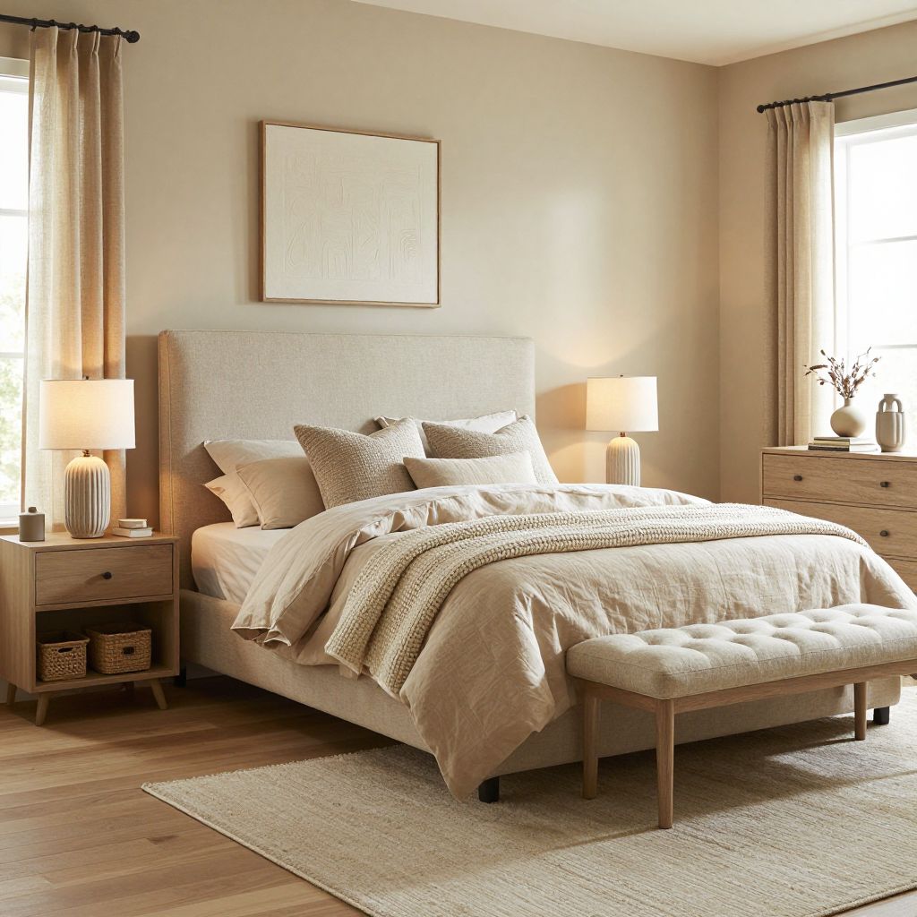 Beige bedroom ideas with layered texture for a plain room