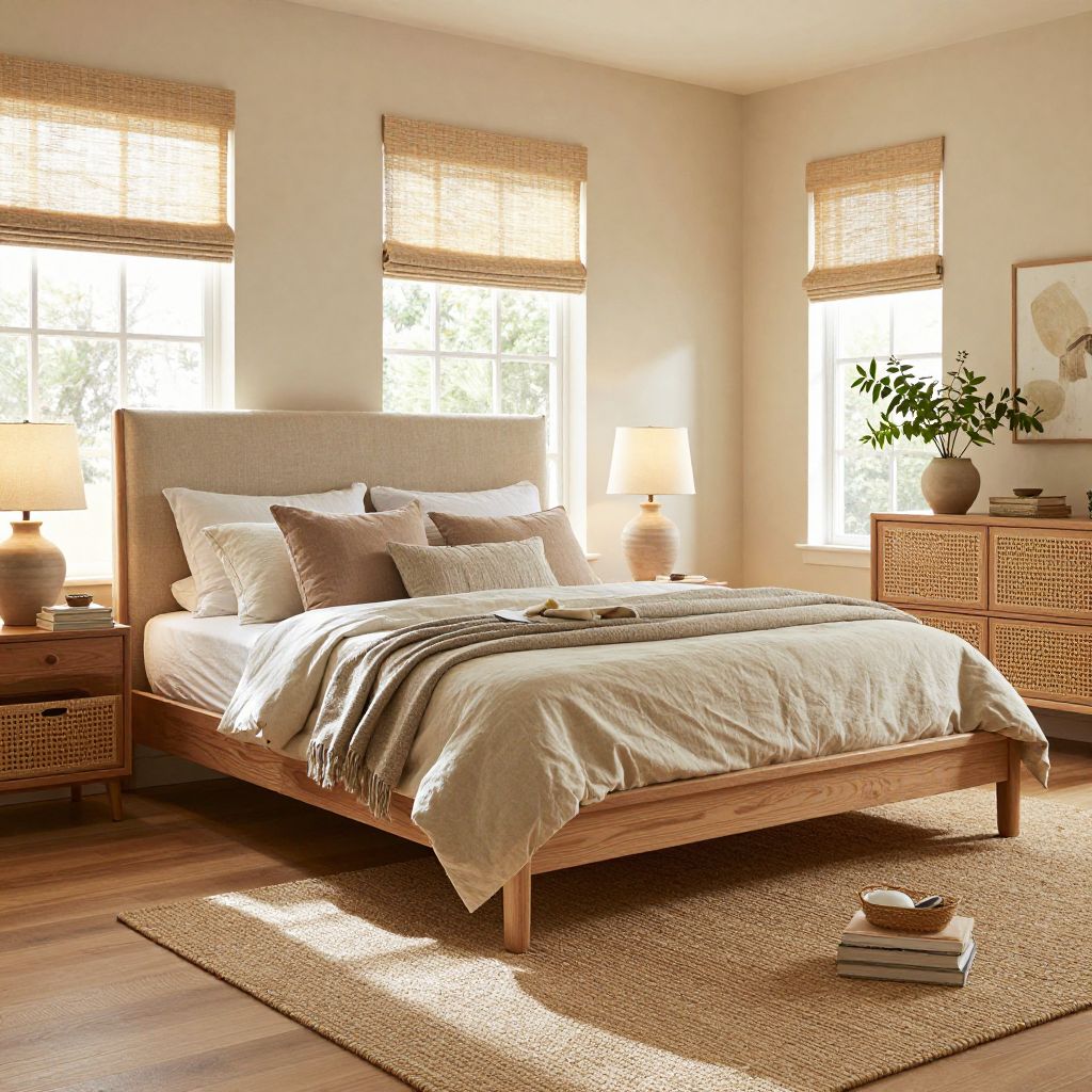 Beige bedroom ideas with natural wood and woven texture