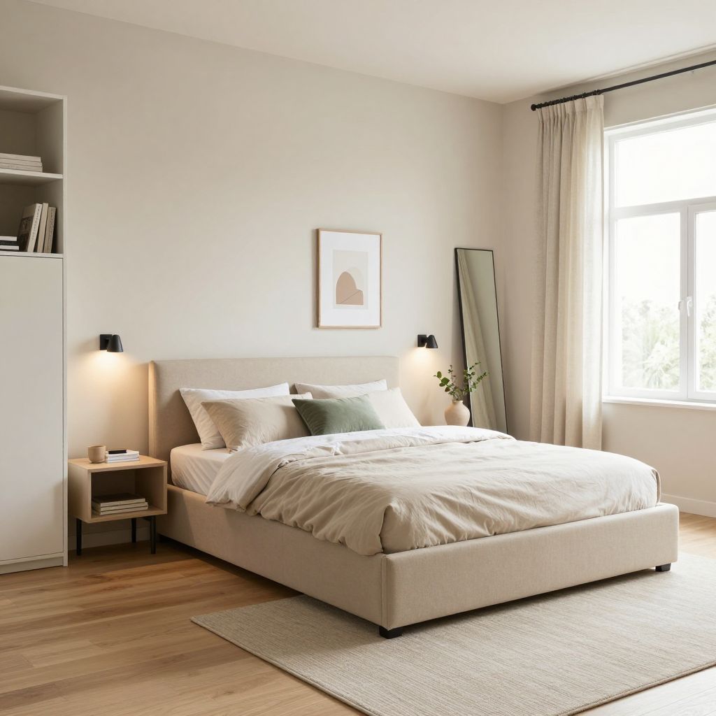 Beige bedroom ideas for a small space with smart storage