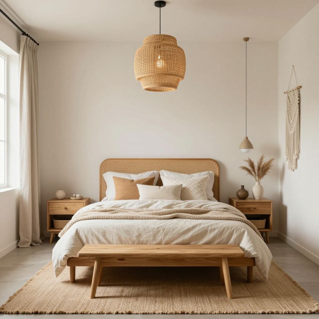 boho bedroom ideas layered neutrals with woven texture