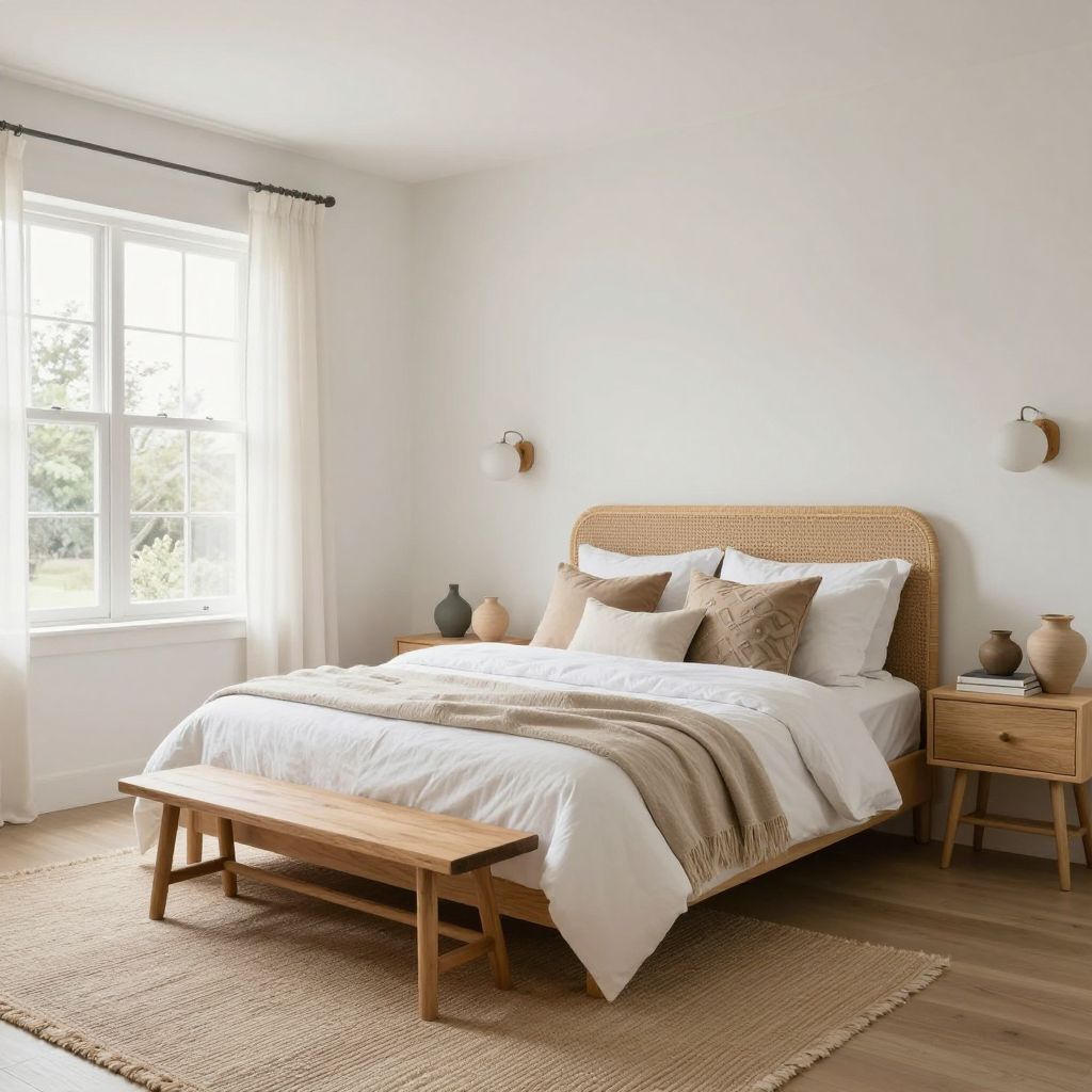 boho bedroom ideas rattan headboard with airy white bedding