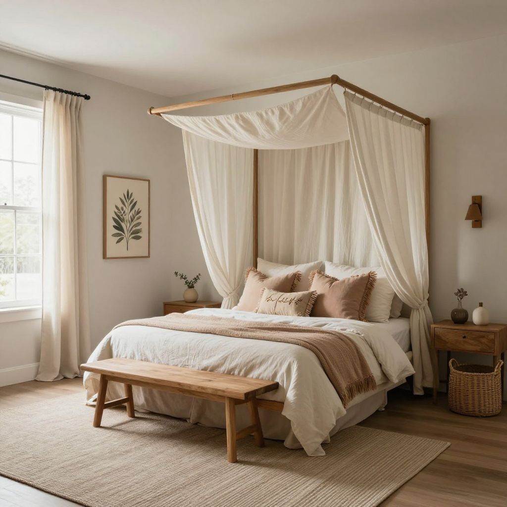boho bedroom ideas canopy bed with soft drapes