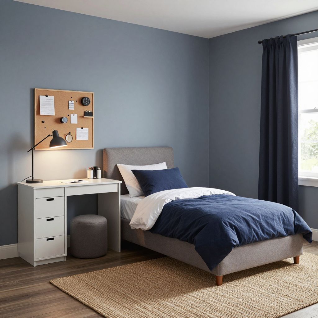 Boys bedroom ideas for small rooms - study ready room with hidden clutter control