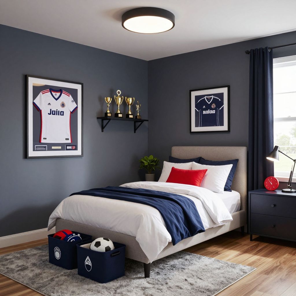 Boys bedroom ideas for small rooms - sports inspired room with clean storage
