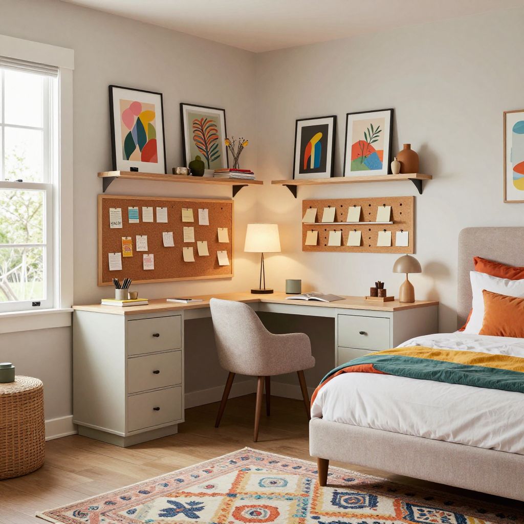Bedroom office ideas - Shared headboard and desk wall