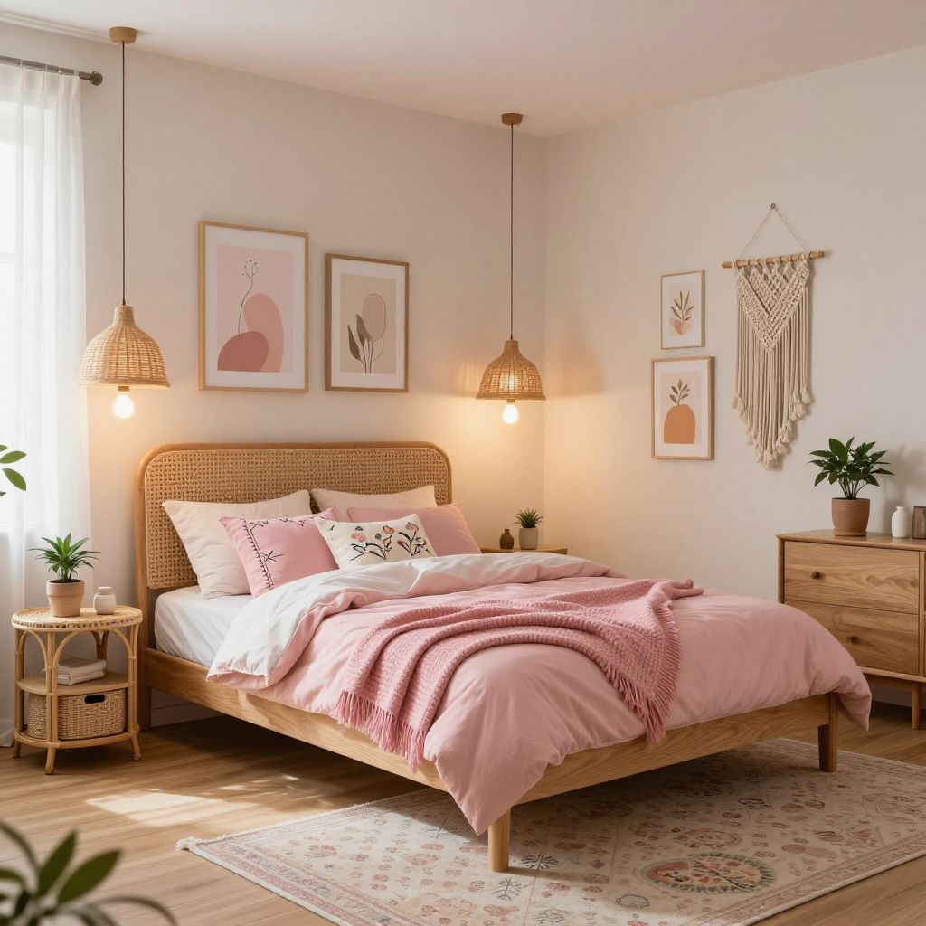 Pink boho layered bedroom style
