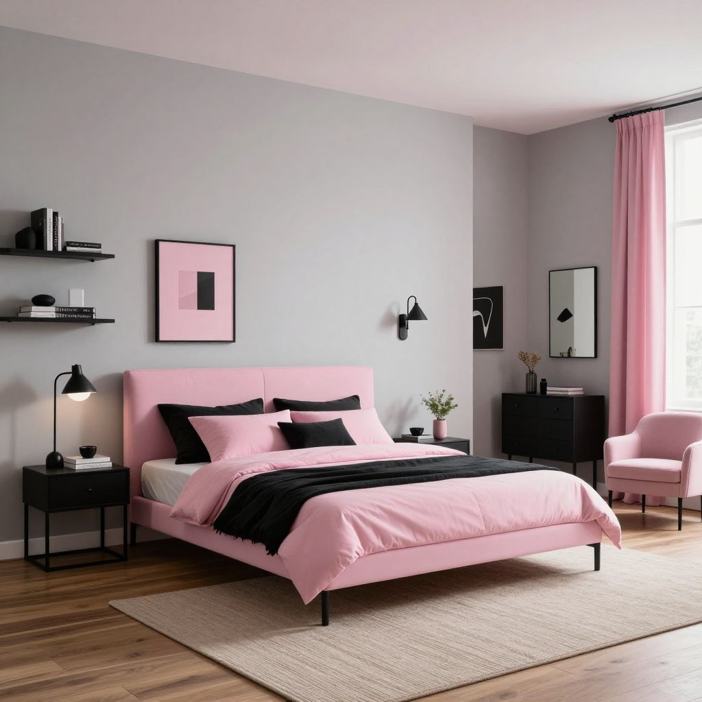 Millennial pink and black modern bedroom idea
