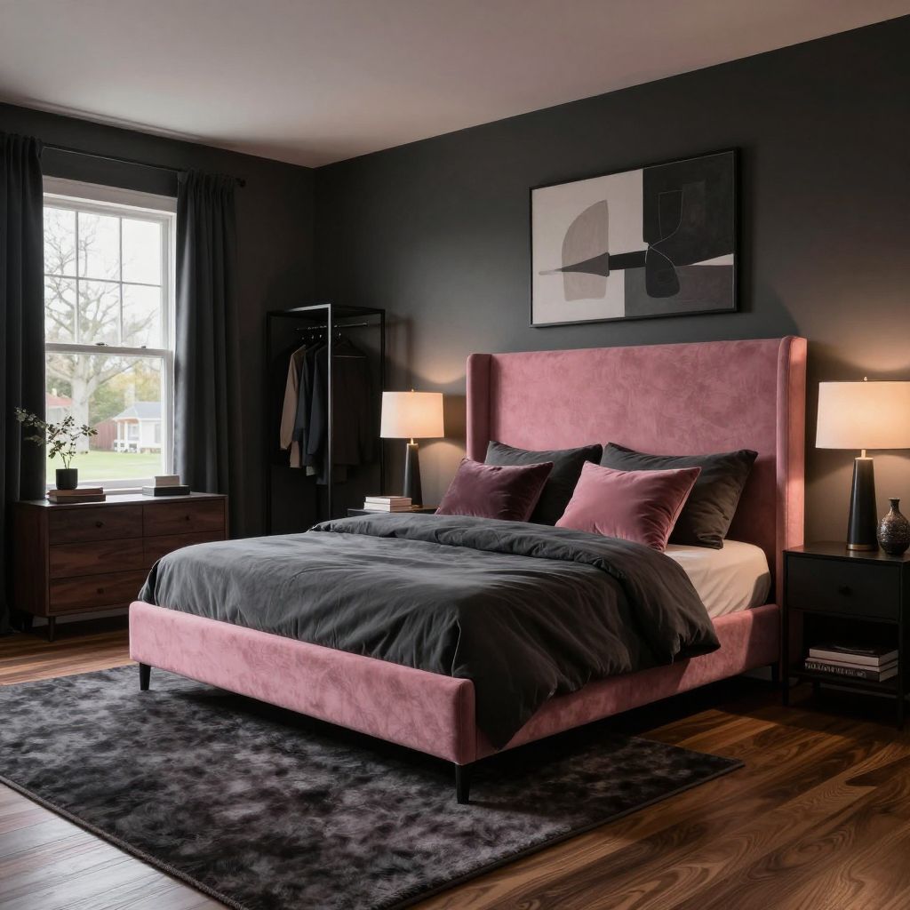 Moody pink and charcoal bedroom mix