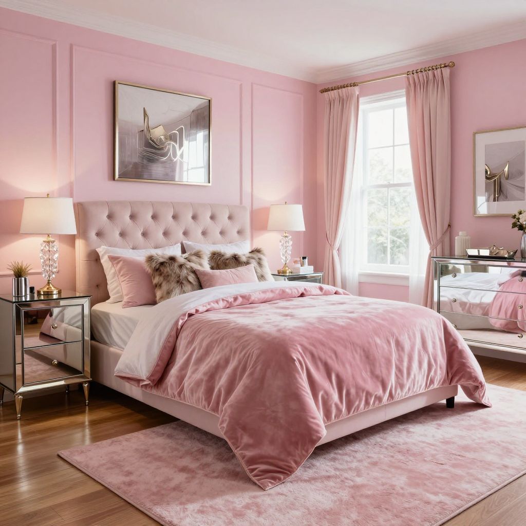 Glam pink bedroom with mirrored finishes