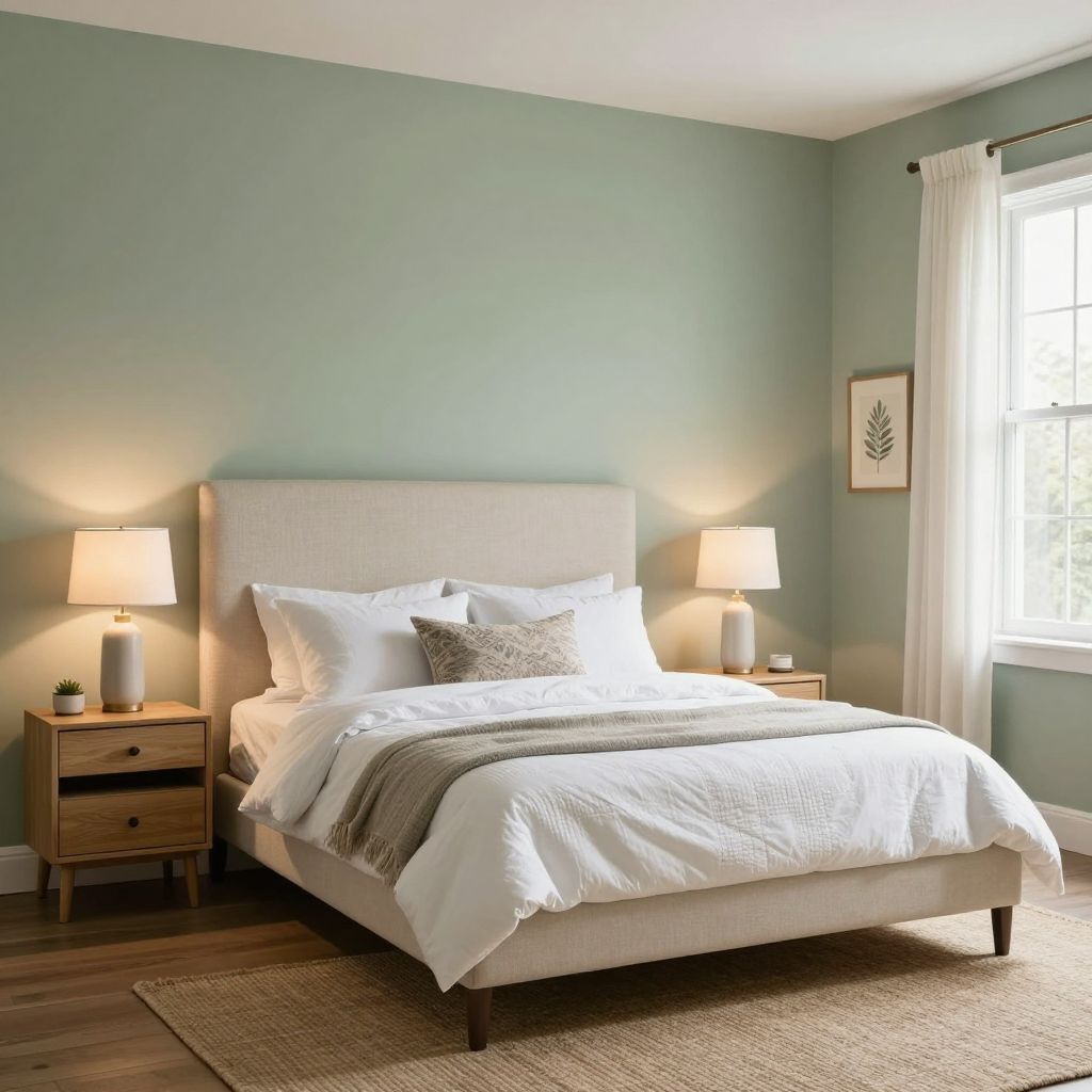 Soft sage walls with crisp white bedding