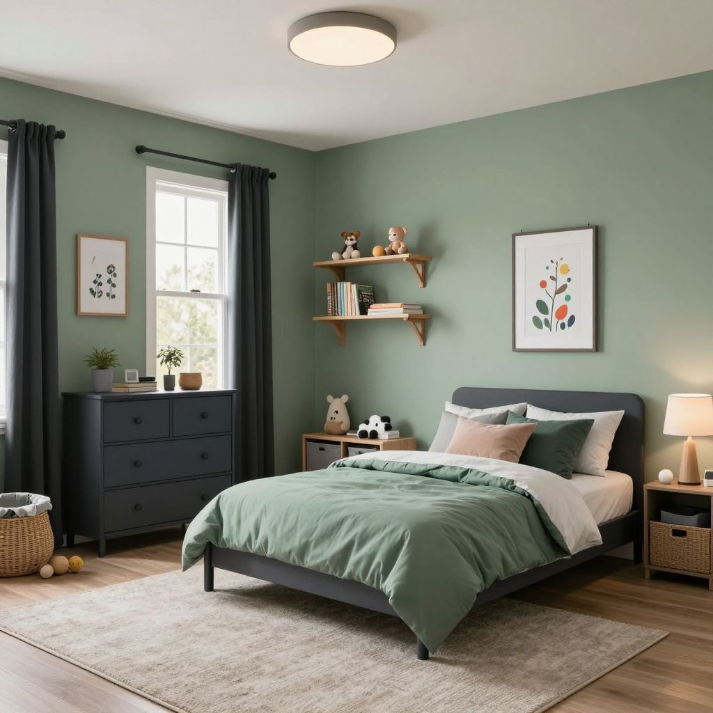 Sage green children friendly bedroom with smart storage