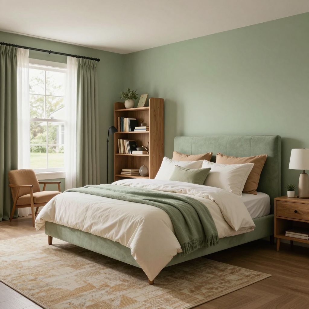 Sage green retreat with a reading corner