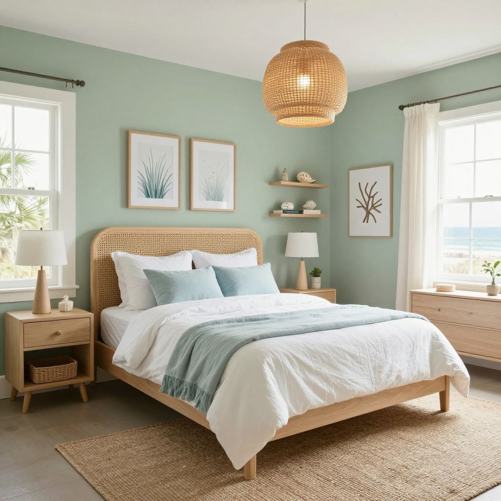 Sage green with rattan for a relaxed coastal feel