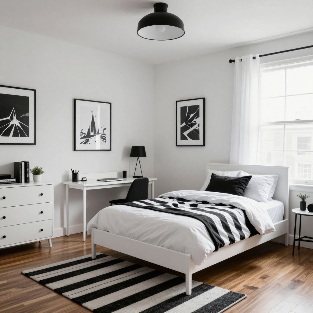 Minimal black and white teen girl bedroom idea