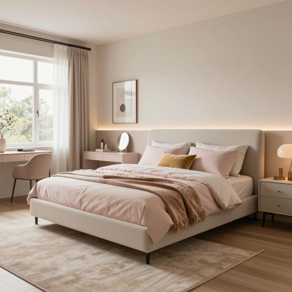 Soft blush teen girl bedroom with led lights