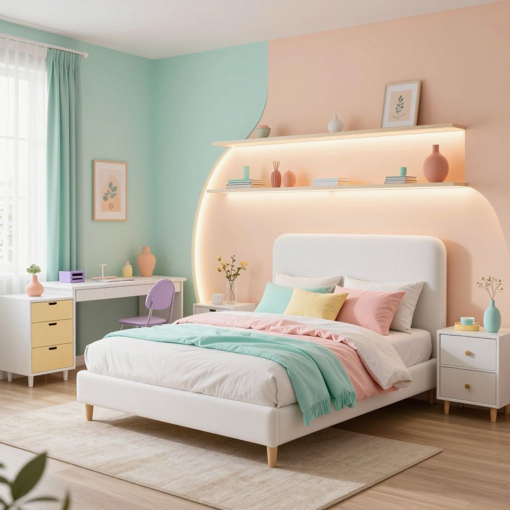 Pastel rainbow teen girl bedroom with layered led glow