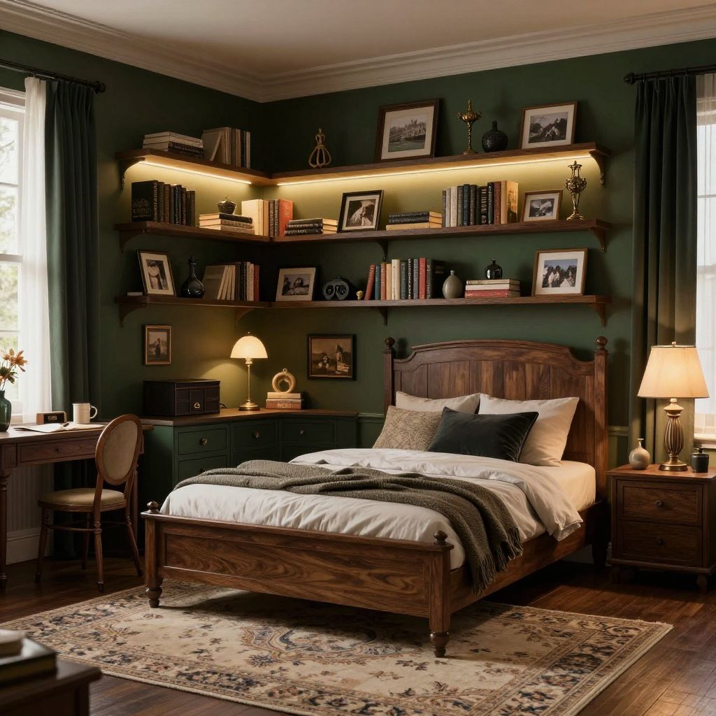 Dark academia teen girl bedroom with warm led bookcase lighting