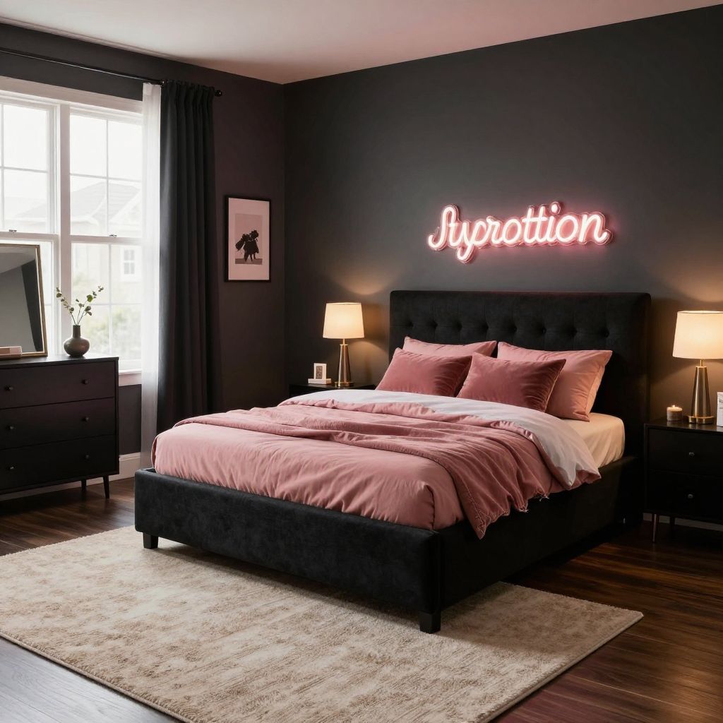 Moody black and rose teen girl bedroom with neon led art