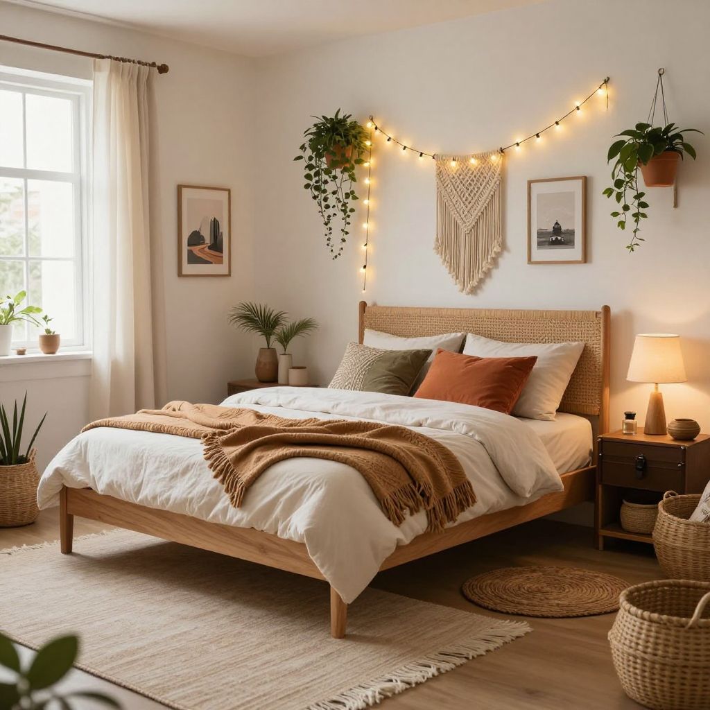 Boho teen girl bedroom with warm led fairy lights