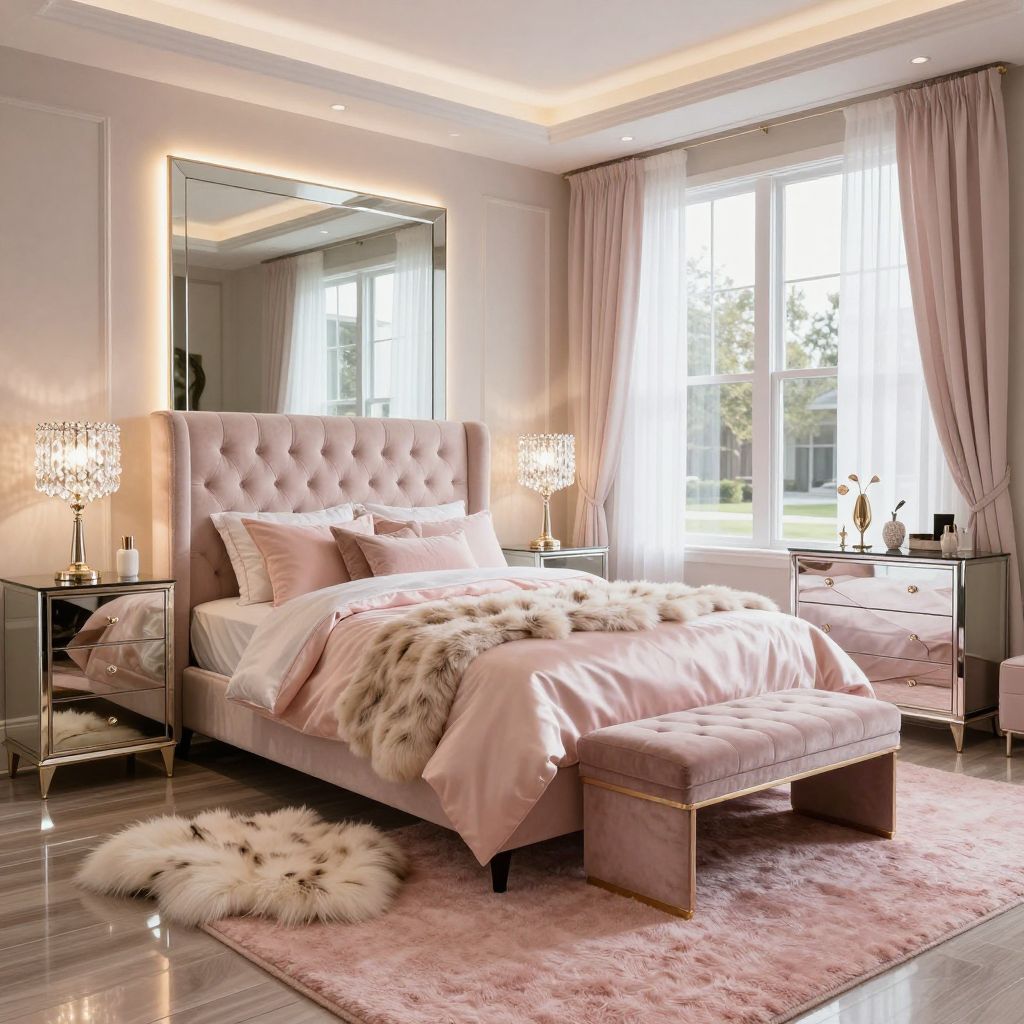 Glam pink teen girl bedroom with mirrored led details