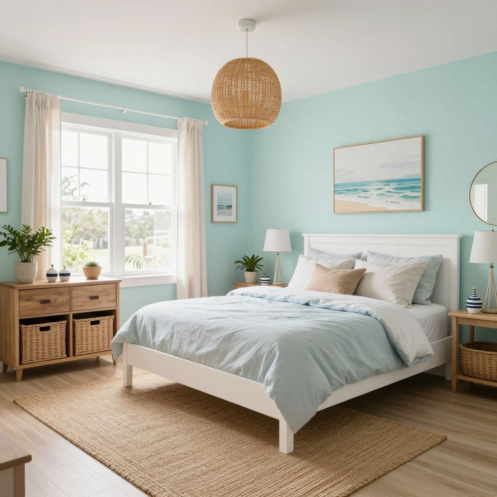 Soft coastal teenage girl bedroom idea