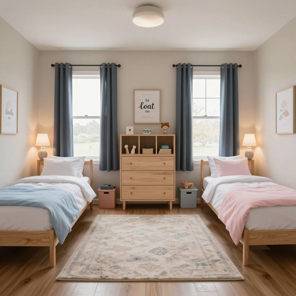 Shared sibling toddler bedroom with matching zones