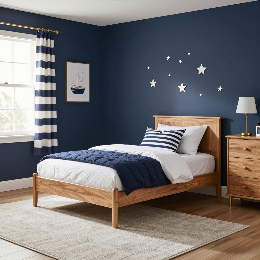 Bold navy toddler bedroom with crisp white contrast