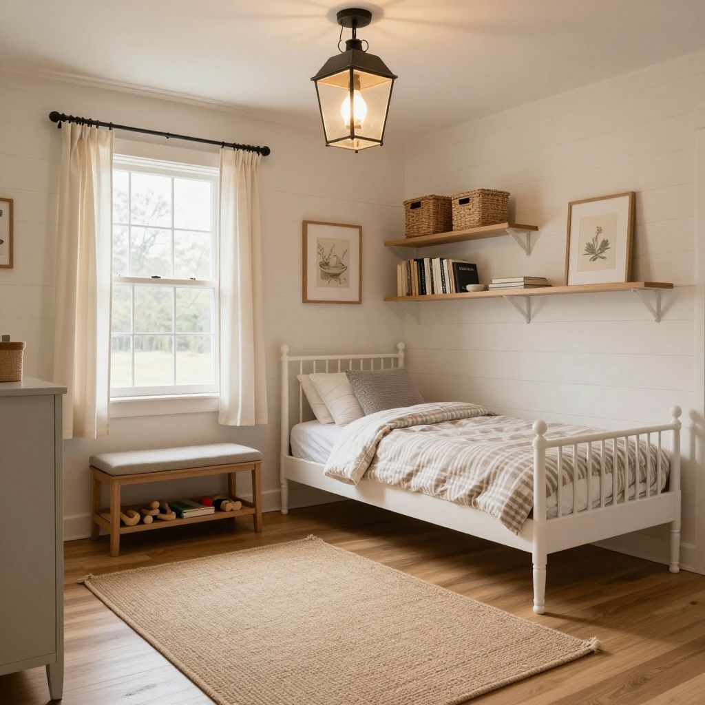 Farmhouse toddler bedroom with warm charm