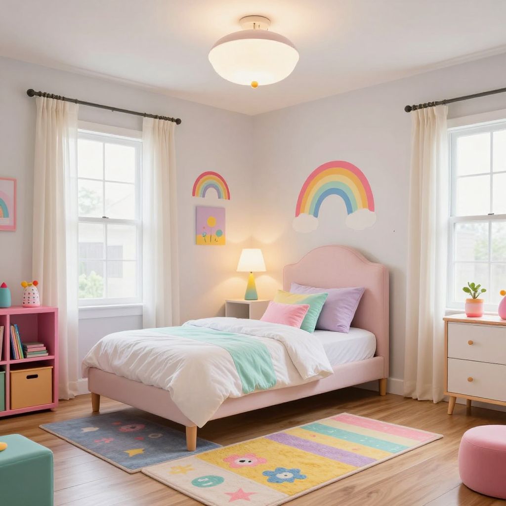 Playful rainbow accent toddler girl bedroom