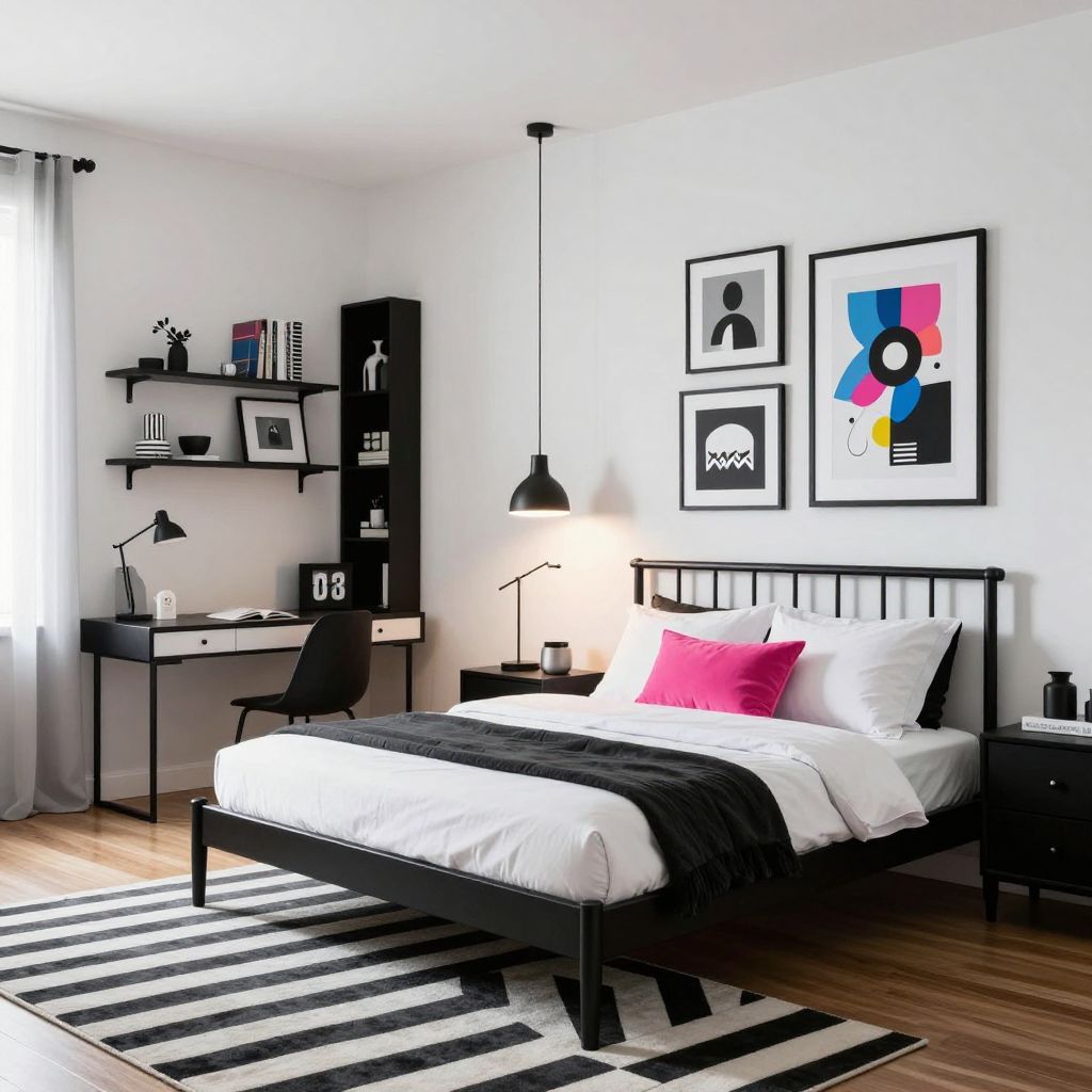 Modern black and white tween girl bedroom idea with pop art