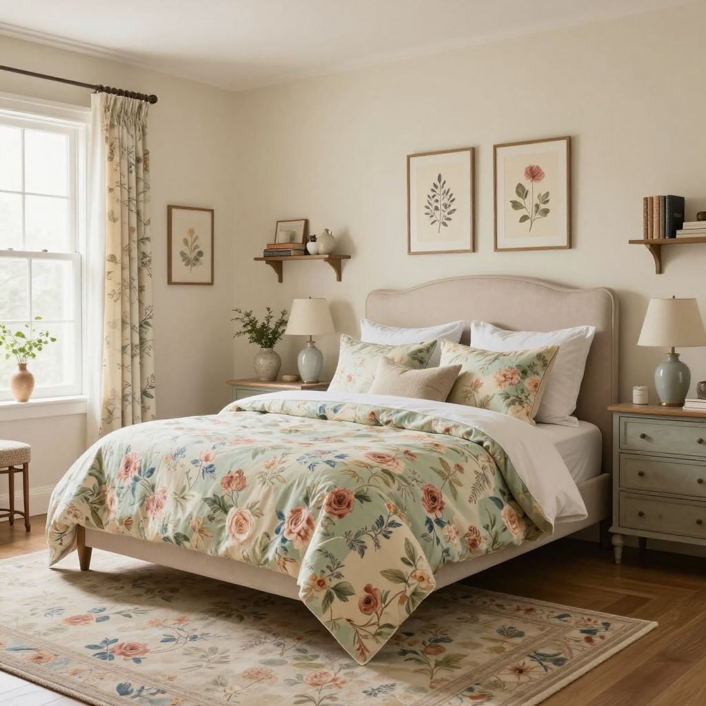 Floral vintage bedroom with cottage layers
